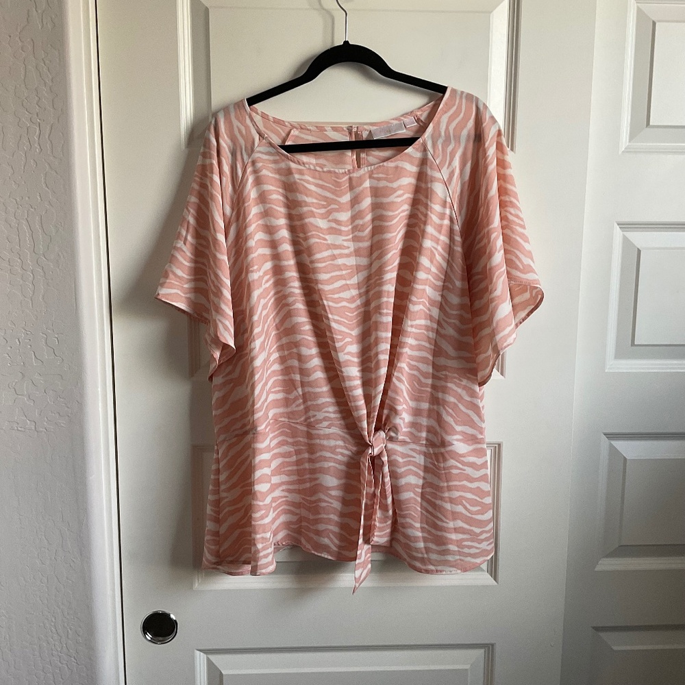 Belle Kim Gravel Zebra Printed Long Length Blouse - Peach/White - Size 2X